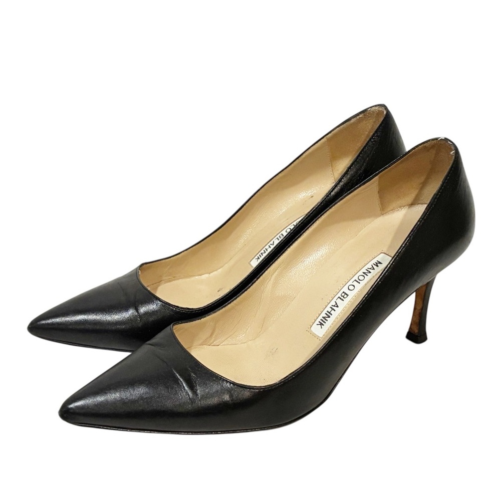 Manolo Blahnik Black Leather Pointed-Toe Kitten Heel Pumps